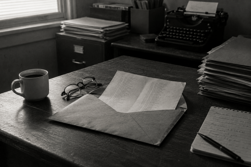 Open envelope containing a typed list of names on a wooden office desk beside reading glasses, a coffee mug, and office files.