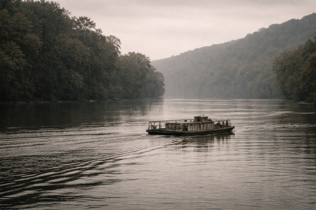 LUMIVORE IMAGE PROMPT — ITERATION 2

Title: Women We Never Met — Threshold Image (Historical Correction)
Function: Entry / Presence / Atmosphere
Image Count: 1 (only)

PRIMARY PROMPT (REVISED)

A quiet, photorealistic, observational still of a small 19th-century river ferry or packet boat moving slowly down a wide Appalachian river, seen from a distance that avoids spectacle or iconography.

The vessel is plain, low-profile, and workmanlike — closer to a local ferry or utility packet than a commercial steamboat.
It has a flat or shallow hull, rough wooden railings, and visible wear from repeated crossings.
If a paddle mechanism exists, it is partial, obscured, or secondary, not a visual focal point.
The boat should feel temporary and replaceable, not named or celebrated.

No people are visible.
No silhouettes. No figures. No implied operator.
The deck appears empty, as if observed between moments.

The river is broad and calm, its surface gently rippled, reflecting a muted overcast sky.
The banks are lined with dense Appalachian trees that soften into atmospheric haze, without dramatic fog.
The water appears deep and steady, not fast or turbulent.

Camera perspective is slightly elevated or off-center, as if observed from the shoreline or another unseen crossing point.
The boat is not centered in frame.
The river occupies more visual space than the vessel.

Lighting is natural and subdued — early morning or late afternoon — with soft diffusion.
No dramatic shadows. No heightened contrast.

Color palette is restrained and period-plausible:
river greys, weathered wood browns, muted forest greens, soft coal and iron tones.
Slight desaturation. Subtle film grain. No polish.

The overall feeling is movement without urgency, use without ceremony, presence without narrative emphasis.

This image should feel like:

a crossing no one would remark on

a boat that would not be remembered by name

a moment that could vanish once it passes the bend

NEGATIVE PROMPT (STRICT — UPDATED)

No visible people
No silhouettes
No faces
No modern elements
No modern boats
No modern clothing
No decorative trim
No signage or text
No crowds
No cinematic action
No dramatic lighting
No exaggerated fog or weather
No fantasy or stylization
No symbolic framing
No heroic composition

CAMERA & STYLE CONSTRAINTS (LOCKED)

Observational realism
Natural lens perspective (no wide-angle distortion)
Eye-level or slightly elevated viewpoint
Documentary stillness
No visual metaphor beyond environment itself

FINAL LOCK STATEMENT

This image exists only to establish place, use, and quiet passage.
It must not romanticize river travel or imply historical importance.
It should feel found, ordinary, and easily forgotten — except by those who were on it.