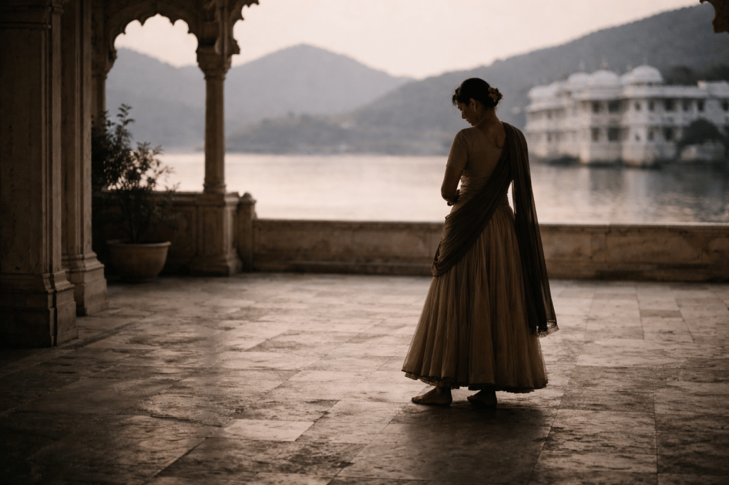 IMAGE 3 — THE DANCER (REFINEMENT PASS)

Embodied Autonomy — Completion Over Display

Maintain all prior constraints and ethics.

Refinement Prompt

HORIZONTAL CINEMATIC IMAGE (16:9)
Prestige cinematic realism. Observational still.

Return to the same setting: a single Indian woman dancer alone on the open stone terrace at the Taj Lake Palace, Udaipur, India, with the lake calm and opaque behind her. Preserve the restrained environment, subdued light, and absence of audience.

Refine the moment of movement:

Capture the dancer at the end of a movement, not mid-flourish.

Her weight is settled, grounded through her feet.

The posture reads as complete and contained—balanced, resolved, and self-held.

Reduce outward expression:

Arms are lowered, folded inward, or gently contained, not extended.

No reaching gestures. No lifted or celebratory poses.

The body suggests discipline and closure rather than invitation.

Refine the costume behavior:

Fabric hangs with gravity, not motion.

No swirling or flaring.

The garment appears slightly heavier or more restrained, emphasizing bodily control over visual drama.

Camera and gaze ethics (unchanged, reinforced):

The camera remains slightly removed and side-oriented.

The dancer’s face is turned away, cropped, or softly out of focus—never expressive, never central.

She does not acknowledge the camera.

Lighting refinement:

Natural early evening light remains muted and even.

No spotlighting. No theatrical contrast.

The body is legible but not highlighted.

The image should feel like the moment immediately after motion completes—when nothing more needs to be done.

Imperfection & Ethics Locks (do not override)

Completion over flourish

Gravity over lyricism

Discipline over beauty

Presence without invitation

Witnessing, not viewing

Calibration Check (post-generation)

The refined image should feel:

quieter than the previous version ✔️

more grounded ✔️

more self-contained ✔️

finished, even in stillness ✔️

It should not feel:

expressive ❌

symbolic ❌

performative ❌

aesthetically indulgent ❌

Narrative Alignment Test (final)

If the dancer looks like she could leave the frame without explanation, the refinement worked.

If she looks like she is still being seen, it didn’t.