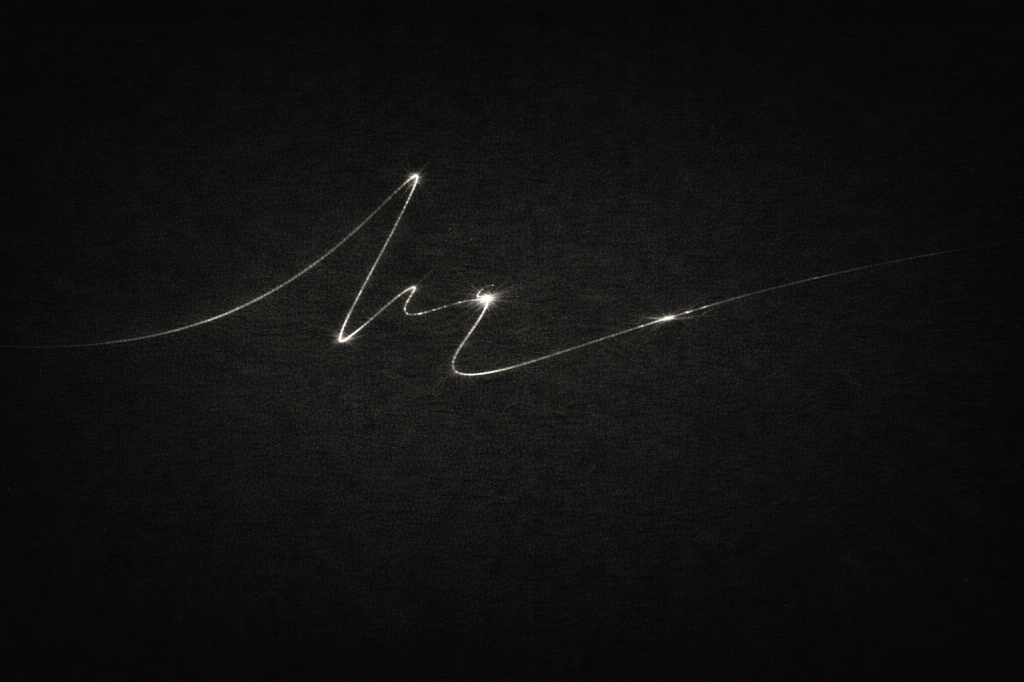 A single, broken motion line crosses a dark, empty field, shifting direction abruptly and fading in places, suggesting rapid movement without a visible source.