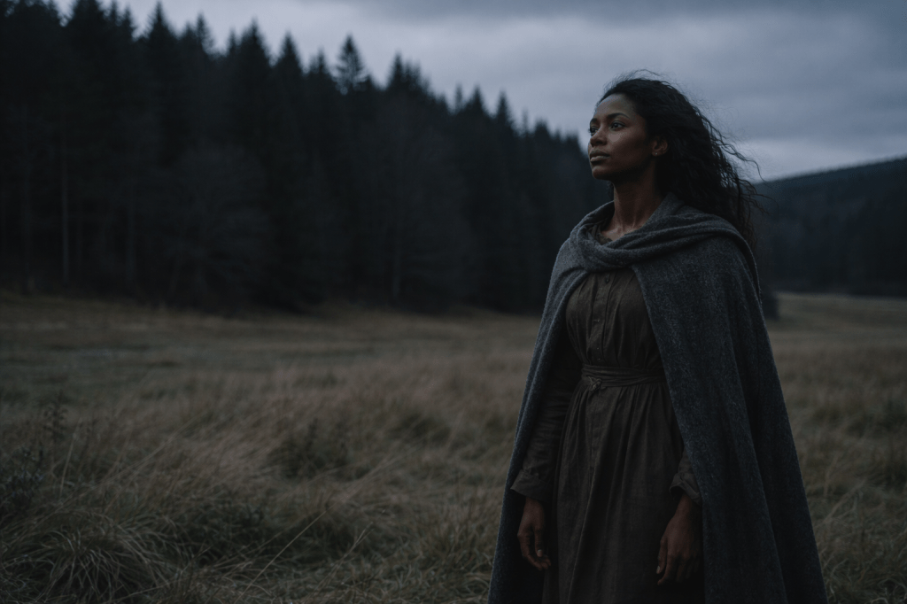 🔒 LUMIVORE-LOCKED VISUAL PROMPT
(Germanic Fairy-Tale Archive Plate)

A single, horizontal, photorealistic cinematic still.

A non-white woman (Black or brown-skinned), age indeterminate (late 20s to early 40s), stands alone in an open field at dusk near the edge of a Germanic forest.
The landscape evokes the Black Forest or alpine Central Europe — rolling grassland meeting a dark tree line, subdued and quiet.

She wears plain, practical wool clothing in muted earth tones — grey, moss green, or brown — with a simple cloak or shawl for warmth.
No ornamentation. No jewelry. No cultural markers. Clothing is functional, weather-worn, and timeless.

Her hair is uncovered, loose or simply tied back, moved slightly by wind.
Her posture is upright but relaxed — not posed, not defensive, not symbolic.
She is not performing.

Her expression is calm and unreadable — present, grounded, interior.
She is not looking at the camera, but slightly past it or toward the distant treeline.

The environment is restrained and realistic:

Tall grass flattened by wind

Low, overcast sky

Cool, diffused evening light

No animals

No buildings

No visible paths

No magical elements

Camera language:

Eye-level or very slightly low angle

Medium-wide framing

Subject placed off-center

Natural depth of field

Observational, unstaged composition

Color palette:
Slate grey, pine green, raw umber, muted winter blue.
No cinematic grading flourishes. No fantasy lighting.

The image should feel like:

a moment the world did not pause for
a woman the land does not need to explain

Aesthetic discipline:
Photorealistic, grounded, quiet, archival.
Not illustrative. Not symbolic. Not theatrical.

🚫 NEGATIVE PROMPT (STRICT)

No fantasy costume
No folklore props
No animals (including birds or livestock)
No crowns, baskets, staffs, or tools
No glowing light or magic effects
No stylized medieval dress
No dramatic wind or heroic framing
No painterly or illustrated style
No overt cultural or historical signaling
No “chosen one” energy

🔑 FINAL LOCK STATEMENT

This image is not an illustration of a story.
It is evidence that the story could exist.

She is not arriving.
She is not leaving.
She is standing where she has always been.