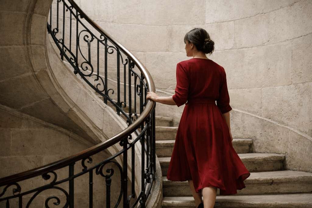 A horizontal, photorealistic, restrained cinematic still of a French woman ascending an elegant French spiral staircase inside a historic Parisian building. The staircase is pale stone with worn texture and wrought-iron railing, clearly European and French in character but unbranded and non-iconic.

The woman is dressed in a tailored, flowing deep red dress (burgundy or muted crimson), refined and minimalist. She is mid-step, moving upward calmly and without urgency. Her posture is composed, unperformative. Her face is partially turned away or cropped — present, not posed. Hair is natural and simply arranged, no glamour styling.

Lighting is soft natural daylight filtering from above, neutral in tone, revealing real shadows and architectural texture. Color palette is restrained: stone whites, soft greys, muted cream, and the single red of the dress.

Camera is observational, eye-level to slightly low angle, 35–50mm equivalent. No dramatic perspective. No cinematic effects. No stylization. The image feels timeless, elegant, and self-possessed — a woman moving upward without explanation.

NON-NEGOTIABLE REFUSAL LOCKS

No Eiffel Tower

No Paris landmarks

No aircraft, airline references, uniforms, or branding

No exaggerated motion or billowing fabric

No beauty enhancement, glamour lighting, or fashion editorial posing

No symbolism objects (birds, wings, clouds, mirrors, metaphors)

No heroic framing, empowerment tropes, or spectacle

No modern signage, technology, or logos

STOP CONDITION (MANDATORY)

If the image satisfies:

one woman

ascent

French architectural restraint

composure without performance

STOP. DO NOT REGENERATE.

This image exists to be held, not perfected.