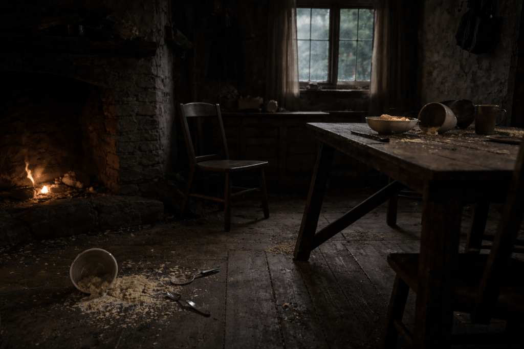 IMAGE PROMPT — AFTER THE PORRIDGE (AFTERMATH, QUIET PASS)

HORIZONTAL CINEMATIC IMAGE — 16:9 — OBSERVATIONAL REALISM

A restrained, photorealistic cinematic still depicting the interior of a small forest cottage some time after a violent intrusion — the presence itself unseen.

The room is intact, but subtly displaced.

Nothing is arranged for viewing.

Environment & composition

Interior cottage kitchen / main living space

Eye-level camera

35–50mm lens equivalent

Static framing

Slight asymmetry, imperfect balance

The camera feels as if it stopped where someone did — and then stayed

No people are visible.
No single element is centered or emphasized.

The porridge (foreground, understated)

One ceramic bowl broken on the floor, pieces unevenly scattered

Thick oats smeared across stone or wood, heavy and cooling

One intact bowl tipped on its side, porridge pooled and beginning to set

A spoon bent slightly, partially obscured by shadow or angle

No visible steam

The food looks ordinary.
It looks like it was meant to be finished.

Furniture & domestic disruption

A wooden table no longer aligned with the room

One chair overturned

Another chair pushed back farther than necessary, leaving a shallow floor gouge

Nothing smashed beyond use

The damage feels incidental, not expressive.

Walls, floor, and structure

Fine hairline cracks in stone near the doorframe

Ash and soot marks where protective measures burned unevenly

Dust fallen from rafters in irregular, unpatterned lines

The house feels compressed, not broken

The window (mid-ground, partially unreadable)

Window intact but subtly strained in its frame

Glass slightly distorted, difficult to read clearly

A faint, curved smear visible only if looked for

Small bark fragments and grit resting on the sill

Exterior stone beyond the window bears shallow, low-contrast scoring

The window does not draw attention —
it unsettles quietly.

Hearth & light

Hearth fire reduced but still alive

Ash spilled forward without symmetry

One log shifted loose, half-burned

Interior light uneven and minimal

No glow.
No magic.
Just heat that didn’t quite go out.

Lighting

Natural low light only (night or pre-dawn)

Firelight provides limited, inconsistent illumination

Contrast softened slightly

Shadows lifted just enough to feel tired, not dramatic

Light reveals wear, not significance.

Emotional tone

Domestic. Interrupted. Unresolved.

The image should feel like:

something passed through,
measured the space,
and left without explanation.

ABSOLUTE HARD REFUSALS

NO creature visible

NO animal-shaped shadows

NO silhouettes, eyes, claws, or fur

NO fantasy lighting

NO magical effects

NO motion blur

NO spectacle or stylization

FINAL LOCK STATEMENT (MENTAL CHECK)

If the room looks unchanged at first glance —
and only begins to feel wrong after a moment of looking —
the image is correct.