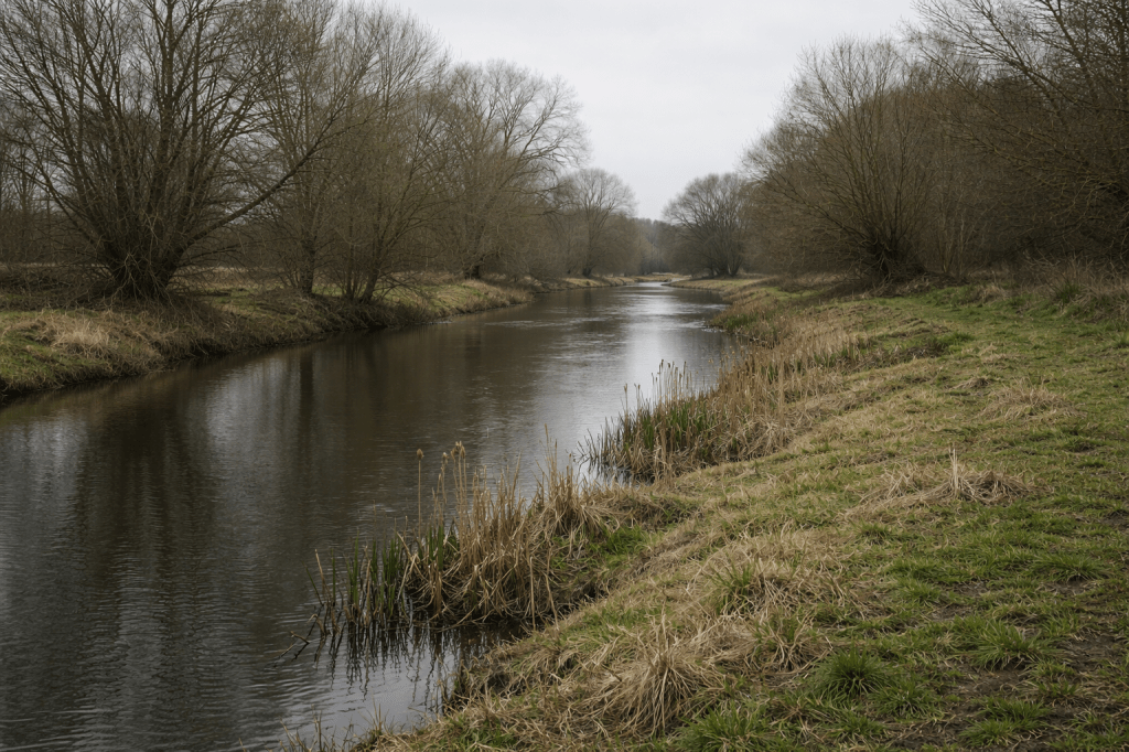HORIZONTAL, PHOTOREALITIC IMAGE:
A quiet British countryside riverbank in early spring.
A slow, narrow river with gently sloping grassy banks.
Reeds and wild grasses along the water’s edge.
Bare or lightly budding deciduous trees.
No flowers, no color saturation.
Overcast daylight with soft, diffused light.
Muted natural palette: soft greens, browns, greys.
Completely empty — no people, no animals, no boats, no buildings.
Plain, observational, documentary-style photograph.
Camera at human eye level, static framing.
Natural perspective (35–50mm equivalent).
Quiet, still, unremarkable — the landscape at rest.
Uneven, untended riverbank with irregular grass and reeds. No maintained paths or trimmed edges.
Negative Prompt / Constraints (Important)
No cottages, no bridges, no fences, no paths.
No storybook or whimsical elements.
No golden-hour lighting, no dramatic skies.
No cinematic color grading.
No painterly or illustrative style.
No nostalgia cues.
No characters or implied narrative.
No text, captions, signage, or overlays.
No footpaths, no worn grass, no signs of repeated human movement.