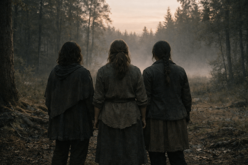 HORIZONTAL CINEMATIC IMAGE — 16:9 — OBSERVATIONAL REALISM

A restrained, photorealistic cinematic still depicting three women standing together, seen from behind, in the quiet aftermath of a great ordeal.

The women stand at the edge of a forest clearing at early dawn.
Soft morning light filters through thin mist and trees. The air feels calm, settled, newly quiet.

Subjects (strict rules)

Three adult women

Seen only from behind

No faces visible

No readable profiles

No defining features or hierarchy

Their bodies are close enough to suggest trust and shared endurance, but they are not posed or touching deliberately

They are simply standing together.

Clothing

Practical, non-descriptive clothing

Earth tones only

No period signaling

No fantasy garments

No symbolic colors

Clothing appears worn and lived-in, not styled

Environment

Forest clearing or forest edge

Moss, roots, damp earth, scattered leaves

No cottage ruins visible

No animals

No objects of power

The forest feels calm, breathing, attentive but not threatening

Lighting

Natural dawn light only

Soft, low-contrast illumination

No rim lighting

No backlit glow

No dramatic shadows

Light falls on the environment first, the women second

Camera & composition

Eye-level camera

35–50mm lens equivalent

Static framing

No dramatic angles

Slight asymmetry in placement for naturalism

Shallow depth of field: environment softly recedes, figures remain grounded

Emotional tone

Quiet. Steady. Unafraid. After.

This image should feel like it was noticed, not staged —
as if someone saw them standing there and chose not to interrupt.

HARD REFUSAL / NEGATIVE PROMPT (NON-NEGOTIABLE)

NO faces

NO visible eyes

NO symbolic posing

NO fantasy aesthetics

NO magic effects

NO glowing elements

NO weapons

NO crowns, staffs, runes, or mythic props

NO heroic framing

NO illustration or painterly stylization

NO dramatic contrast or color grading

NO spectacle

FINAL LOCK STATEMENT (MENTAL CHECK)

If this image could belong to any three women who have survived something together — and nothing more — it is correct.