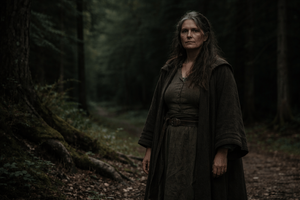 URSA (HUMAN FORM)

HORIZONTAL CINEMATIC IMAGE — 16:9 — OBSERVATIONAL FAIRY-TALE REALISM

A restrained, photorealistic cinematic still depicting a solitary woman standing at the edge of an ancient forest, neither entering nor leaving.

She is seen at mid-distance, slightly off-center in the frame.

Subject (Ursa, human form)

Adult woman, indeterminate age (late 40s–60s)

Broad-shouldered, solid build, grounded posture

Standing still, weight evenly set, as if she has learned to wait

Not posed, not dramatic, not confrontational

Her presence feels inevitable, not imposing.

Face & expression

Face visible, but unreadable

Heavy-lidded eyes, dark and steady

No smile, no snarl — a neutral expression shaped by long endurance

Features weathered by time and use, not hardship alone

She looks like someone who has been relied on too often.

Hair

Dark hair streaked with gray

Pulled back loosely or hanging heavy and unstyled

Wind-touched, practical, unconcerned with appearance

Clothing

Practical, heavy fabrics

Earth tones only: deep browns, charcoal, muted greens

No symbolic garments, no fantasy costuming

Clothing appears worn, durable, chosen for weather and work

She dresses like someone who expects the forest to answer honestly.

Environment

Forest edge or clearing

Moss, roots, damp soil, low light filtering through trees

No animals

No structures

No visible magic

The forest feels attentive, not hostile.

Lighting

Natural, overcast or late-afternoon light

Low contrast

No dramatic highlights

Light falls on the forest first, the woman second

Nothing about the lighting announces her importance —
it assumes it.

Camera & composition

Eye-level camera

35–50mm lens equivalent

Static framing

Slight asymmetry

Shallow depth of field: background softens gently, never isolates her

Emotional tone

Quiet. Heavy. Contained.

She should feel like:

someone the forest learned to trust
long before anyone learned to thank her

HARD REFUSALS (still important, even for fun)

NO glowing eyes

NO magical effects

NO transformation cues

NO crowns, runes, symbols, or staffs

NO heroic or villain framing

NO visual connection to the bear (no fur, claws, motifs)

Mental check (lock this)

If she looks like someone who could walk away and leave the forest standing —
or stay and become something else entirely —
the image is correct.