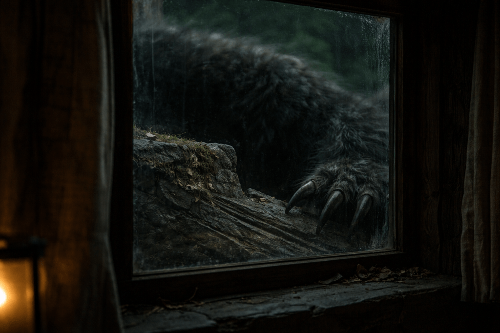 PRIVATE IMAGE PROMPT — The Shadow at the Window
(Exploratory / Not for Publication)
HORIZONTAL CINEMATIC IMAGE — 16:9 — OBSERVATIONAL HORROR REALISM
A restrained, photorealistic cinematic still depicting the exterior
wall of a small forest cottage at night, viewed from a close interioradjacent
angle, as if the camera is standing just inside the room.
The window dominates the frame.
Composition & obstruction
The window frame is partially visible, edges worn and stressed
Glass vibrates subtly, slightly distorted
The view beyond the glass is obscured by darkness, motion, and shadow
The subject is not fully visible
Only fragments are seen.
The presence (never fully shown)
A massive shadow passes across the window
Fur is visible only in partial silhouette: dark, matted, uneven
One shoulder presses near the window frame, clearly broader than the
opening
A claw drags across the exterior stone wall, scoring it deeply
The claw is cropped — no full limb visible
Nothing is centered. Nothing is revealed cleanly.
Light & color
Interior light is minimal, warm but weak
Exterior light is near-black with faint, sickly green undertones
embedded in shadow
NO glow, NO aura, NO readable magical source
Green light appears as contamination, not illumination
Environment reaction
The stone wall shows fresh gouges
Bark fragments and debris cling to the sill
The window frame strains, slightly bowed
The cottage appears physically smaller than the presence outside
Camera & realism
Eye-level camera
35–50mm lens equivalent
Shallow depth of field
Focus favors the window frame and claw marks, not the shadow itself
Static framing — no motion blur, no action pose
Emotional tone
Pressure. Proximity. Containment.
The image should feel like:
something enormous is passing by,
not attacking —
testing.
ABSOLUTE HARD REFUSALS
NO full creature reveal
NO face
NO eyes
NO teeth
NO heroic framing
NO fantasy stylization
NO painterly effects
NO dramatic lighting
NO spectacle
NO explanation
PRIVATE LOCK STATEMENT (IMPORTANT)
If the image feels incomplete, unsettling, and slightly frustrating —
as if it refuses to show you what you want to see — it is correct.